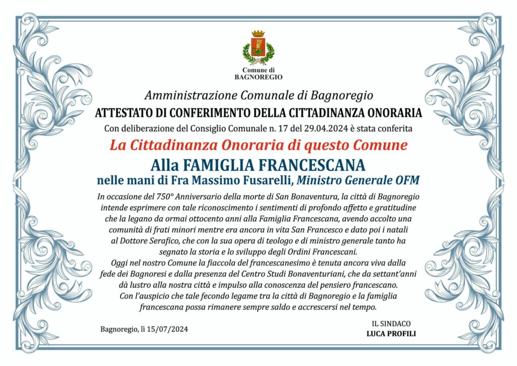Il comune di Bagnoregio concede la cittadinanza onoraria alla famiglia francescana